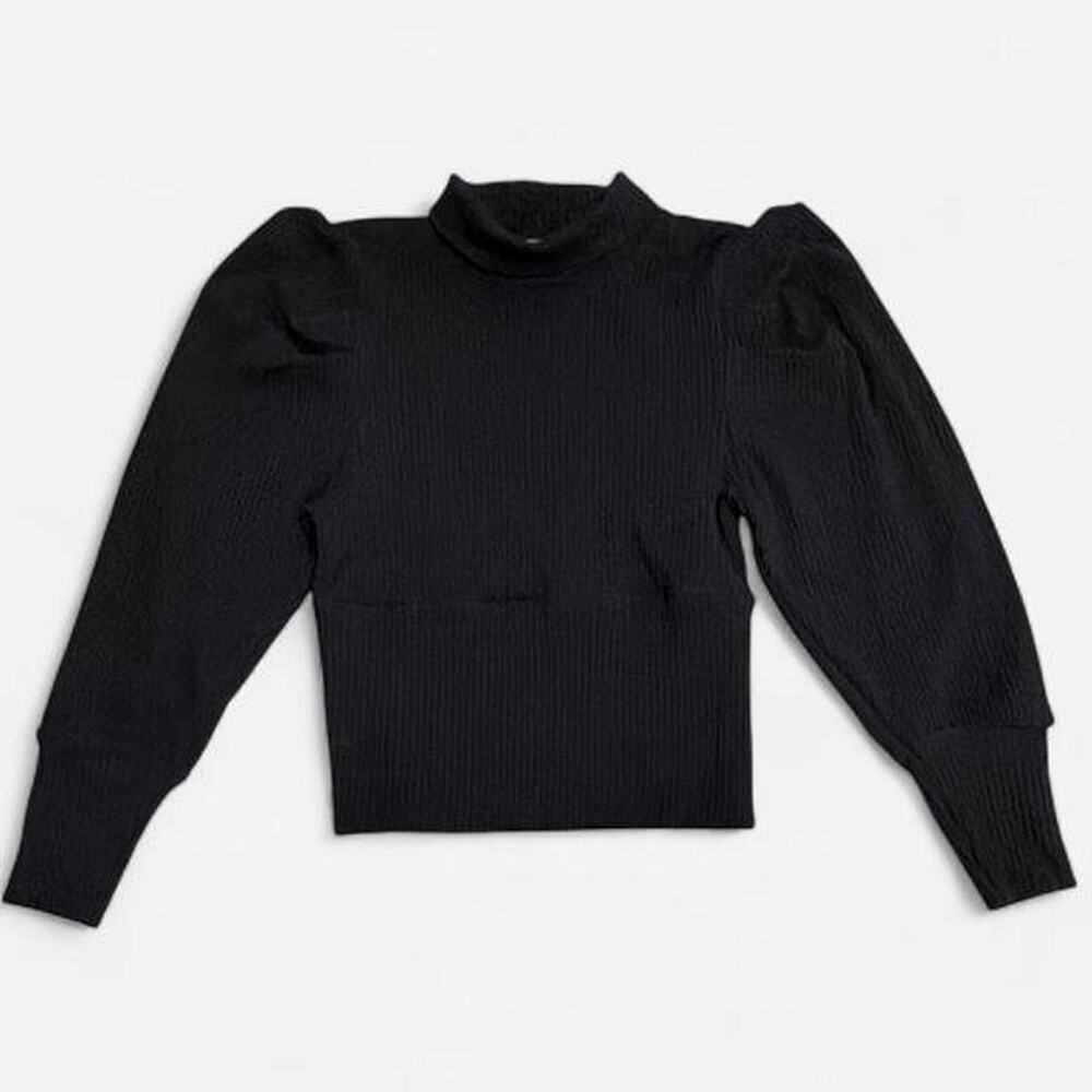 Free People Lala Puff Sleeve Cropped Top Sz S Black Ribbed Knit Turtleneck